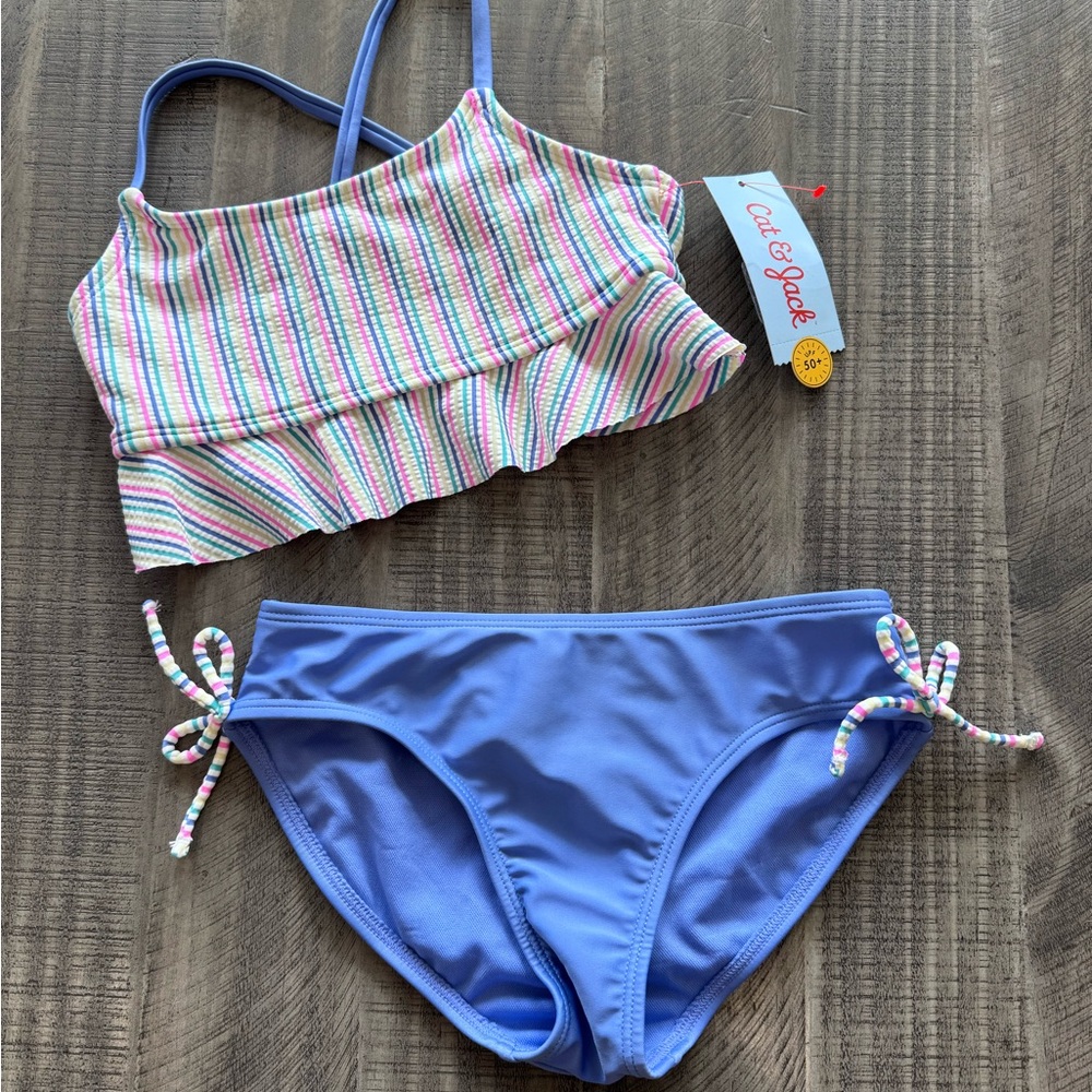 Cat & Jack Kids' Blue and Multicolor Striped Swim Set- size S (6/7)